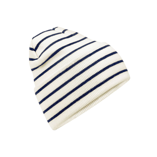 Soft White-French Navy - Front - Beechfield Unisex Adult Original Striped Deep Cuffed Beanie