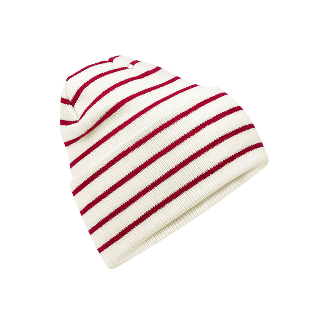 Soft White-Classic Red - Front - Beechfield Unisex Adult Original Striped Deep Cuffed Beanie
