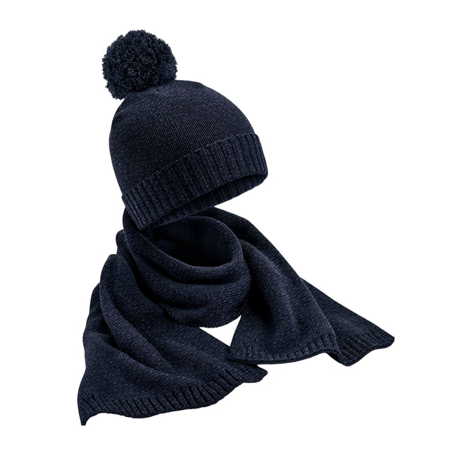 Navy - Front - Beechfield Unisex Adult Flecked Knitted Hat And Scarf Set