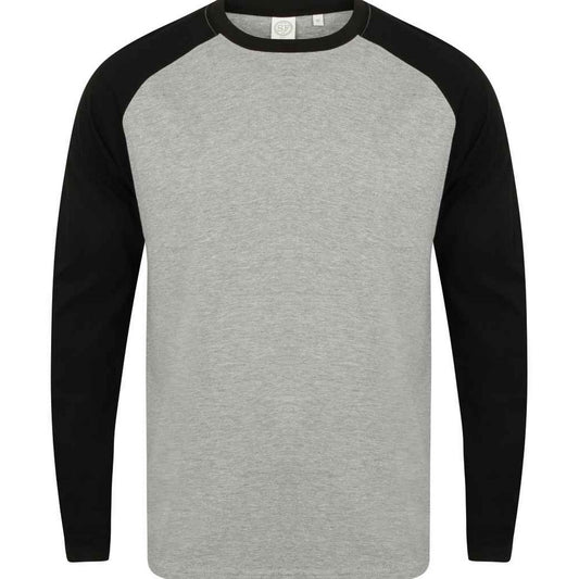 Heather Grey-Black - Front - Skinni Fit Mens Long-Sleeved Baseball T-Shirt