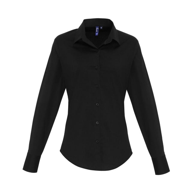 Black - Front - Premier Womens-Ladies Poplin Stretch Long-Sleeved Shirt