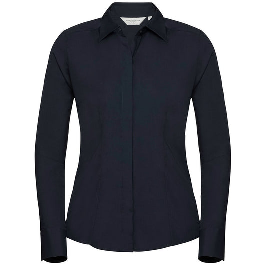 Black - Front - Russell Collection Womens-Ladies Poplin Fitted Long-Sleeved Formal Shirt