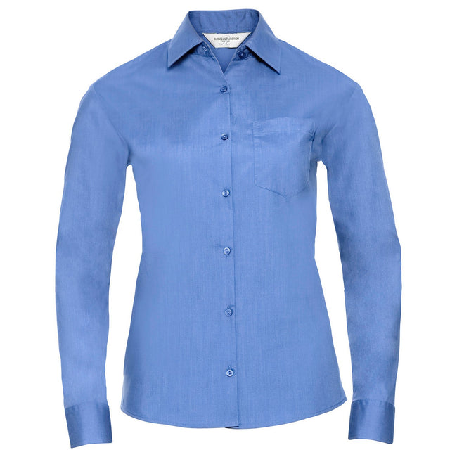 Corporate Blue - Front - Russell Collection Womens-Ladies Poplin Easy-Care Long-Sleeved Formal Shirt