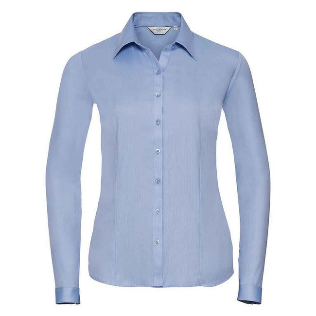 Light Blue - Front - Russell Collection Womens-Ladies Herringbone Long-Sleeved Formal Shirt
