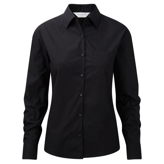 Black - Front - Russell Collection Womens-Ladies Cotton Poplin Easy-Care Long-Sleeved Formal Shirt