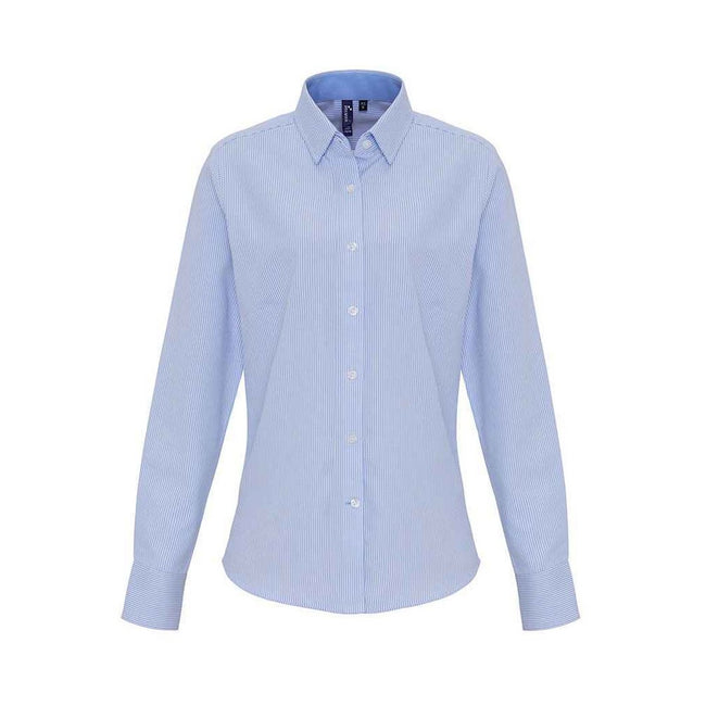 White-Oxford Blue - Front - Premier Womens-Ladies Striped Oxford Long-Sleeved Formal Shirt