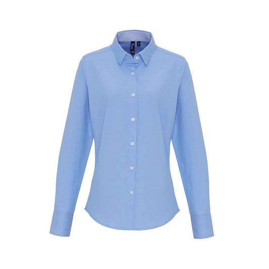 Oxford Blue - Front - Premier Womens-Ladies Striped Oxford Long-Sleeved Formal Shirt