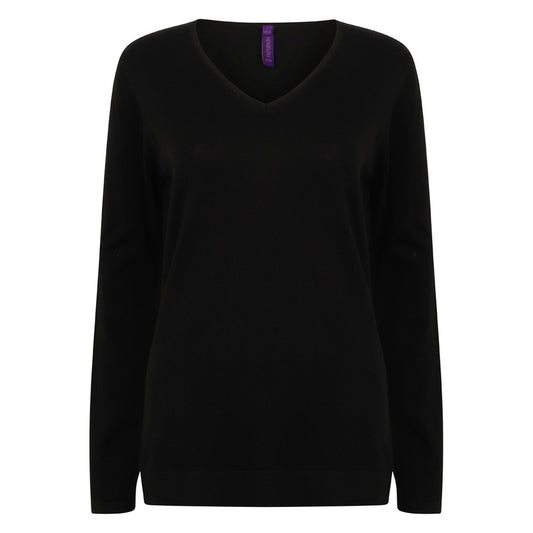 Black - Front - Henbury Womens-Ladies Cotton Acrylic V Neck Sweatshirt