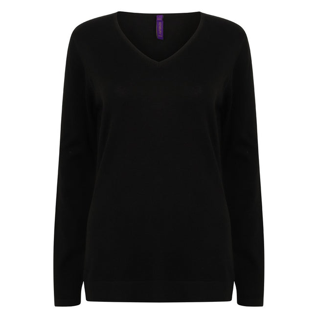 Black - Front - Henbury Womens-Ladies Cotton Acrylic V Neck Sweatshirt