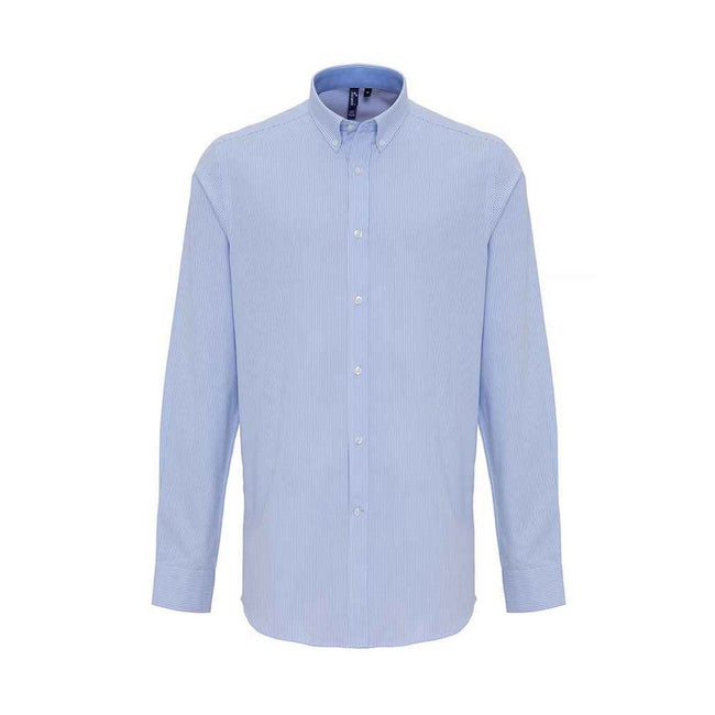 White-Oxford Blue - Front - Premier Mens Striped Oxford Long-Sleeved Shirt