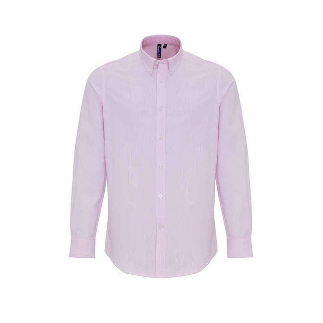 White-Pink - Front - Premier Mens Striped Oxford Long-Sleeved Shirt