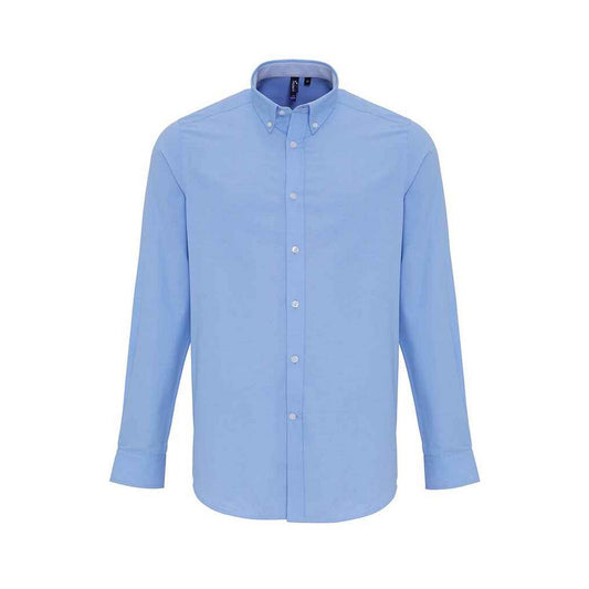 Oxford Blue - Front - Premier Mens Striped Oxford Long-Sleeved Shirt