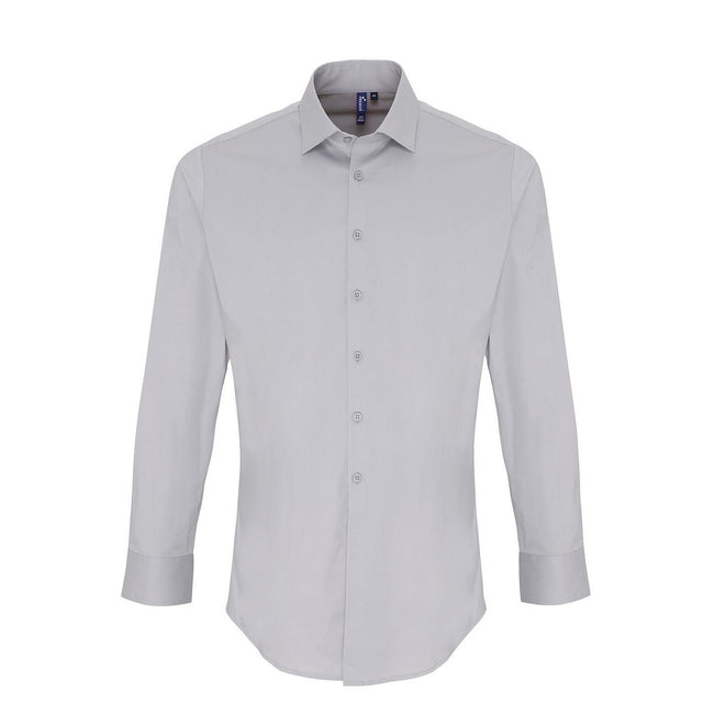 Silver - Front - Premier Unisex Adult Poplin Stretch Long-Sleeved Shirt