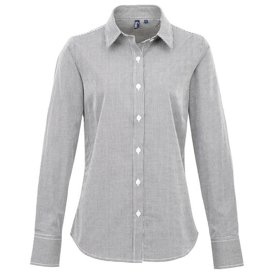 Black-White - Front - Premier Womens-Ladies Gingham Long-Sleeved Shirt