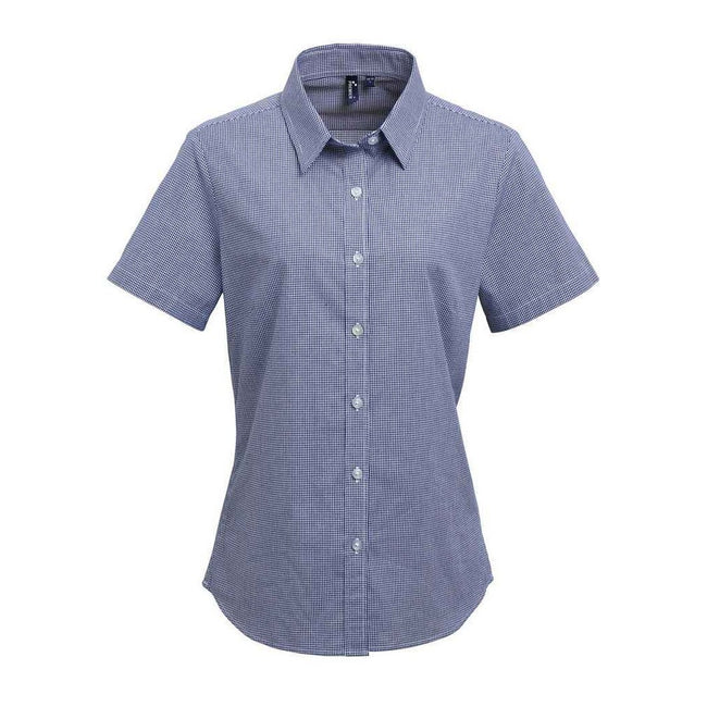 Navy-White - Front - Premier Womens-Ladies Gingham Short-Sleeved Shirt