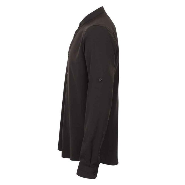 Black - Side - Henbury Mens Wicking Mandarin Collar Roll Sleeve Shirt