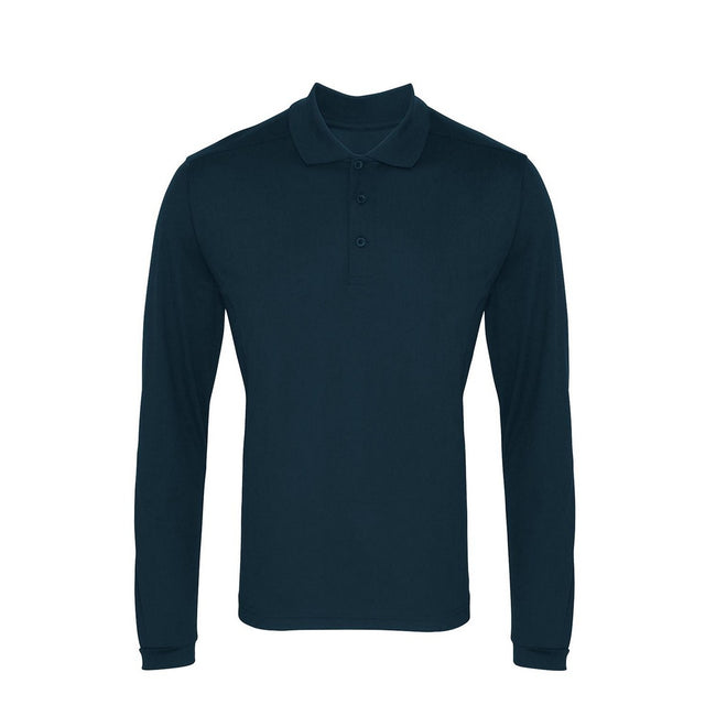 Navy - Front - Premier Mens Coolchecker Pique Long-Sleeved Polo Shirt