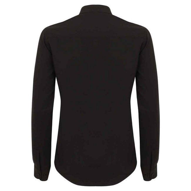 Black - Back - Henbury Womens-Ladies Antibacterial Mandarin Collar Roll Sleeve Shirt