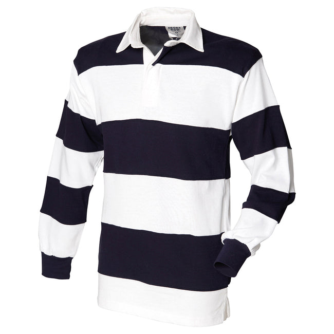 White-Navy - Front - Front Row Mens Stripe Sewn Rugby Polo Shirt