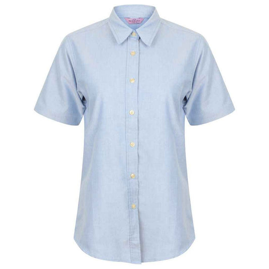 Blue - Front - Henbury Womens-Ladies Oxford Short-Sleeved Formal Shirt