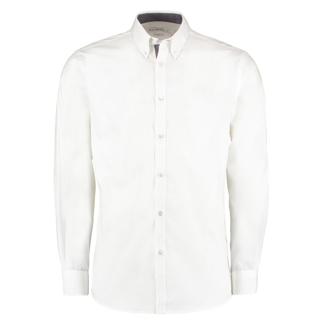 White-Mid Blue - Front - Kustom Kit Mens Premium Contrast Oxford Long-Sleeved Shirt