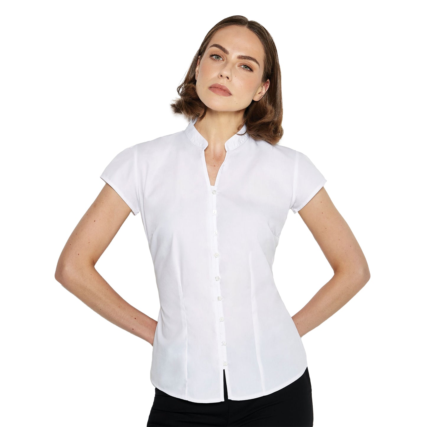 White - Side - Kustom Kit Womens-Ladies Continental V Neck Capped Sleeved Blouse