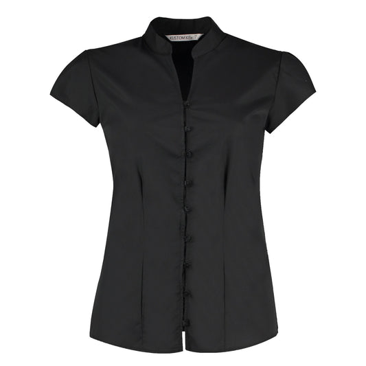 Black - Front - Kustom Kit Womens-Ladies Continental V Neck Capped Sleeved Blouse