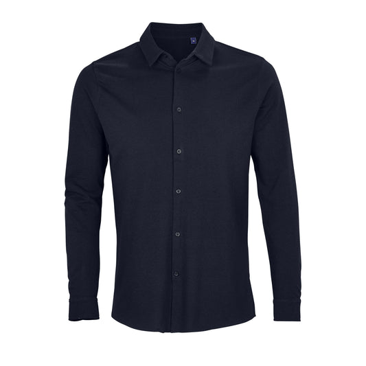 Night Blue - Front - NEOBLU Mens Basile Piqué Organic Long-Sleeved Shirt