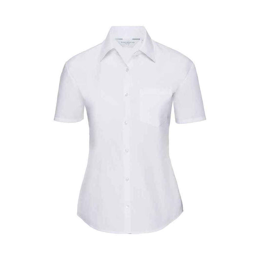 White - Front - Russell Collection Womens-Ladies Poplin Short-Sleeved Shirt
