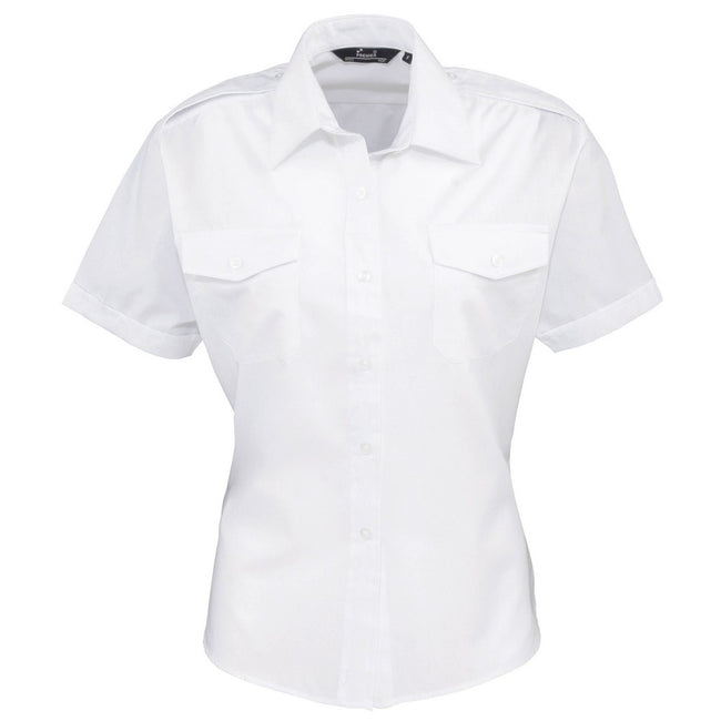 White - Front - Premier Womens-Ladies Short-Sleeved Pilot Shirt