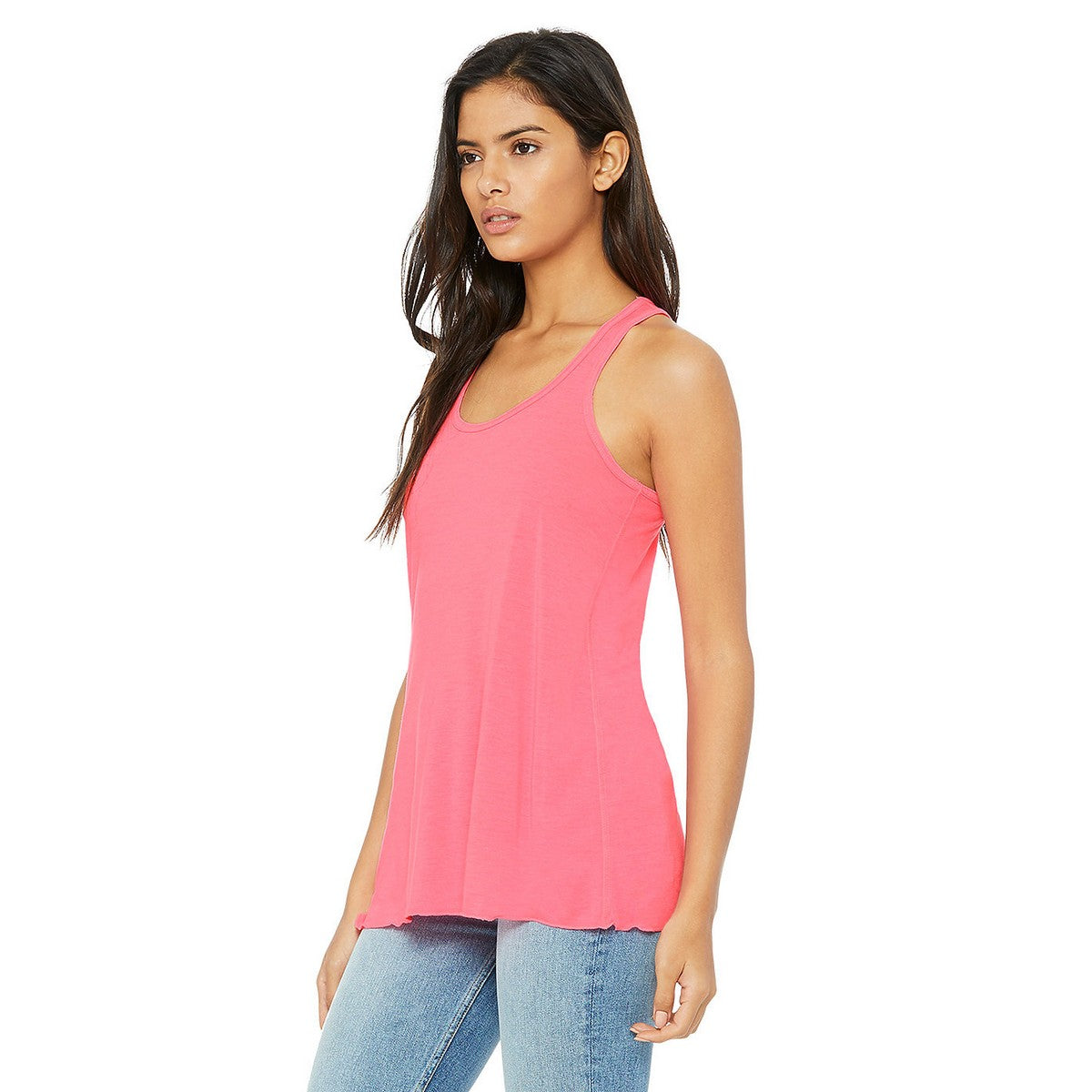 Neon Pink - Side - Bella + Canvas Womens-Ladies Racerback Flowy Tank Top