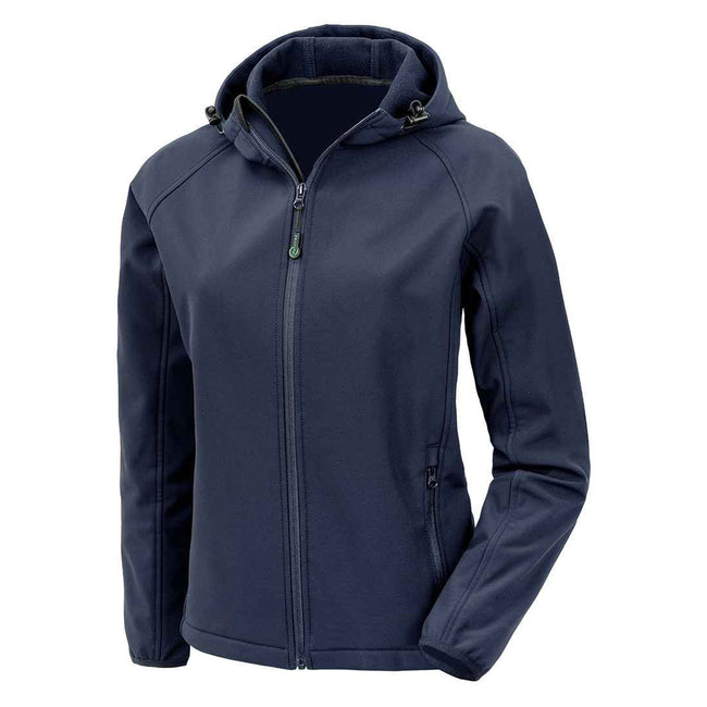 Navy - Front - Result Genuine Recycled Womens-Ladies Hooded 3 Layer Printable Soft Shell Jacket