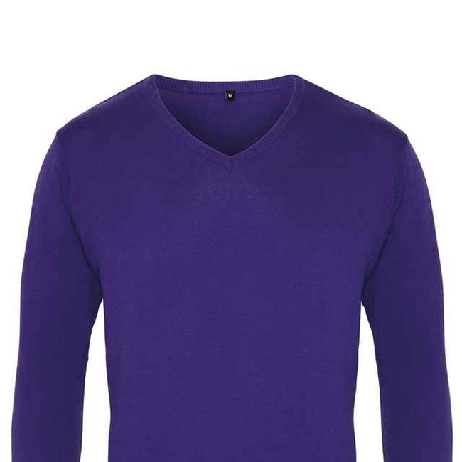 Purple - Back - Premier Mens Knitted Cotton Acrylic V Neck Sweatshirt