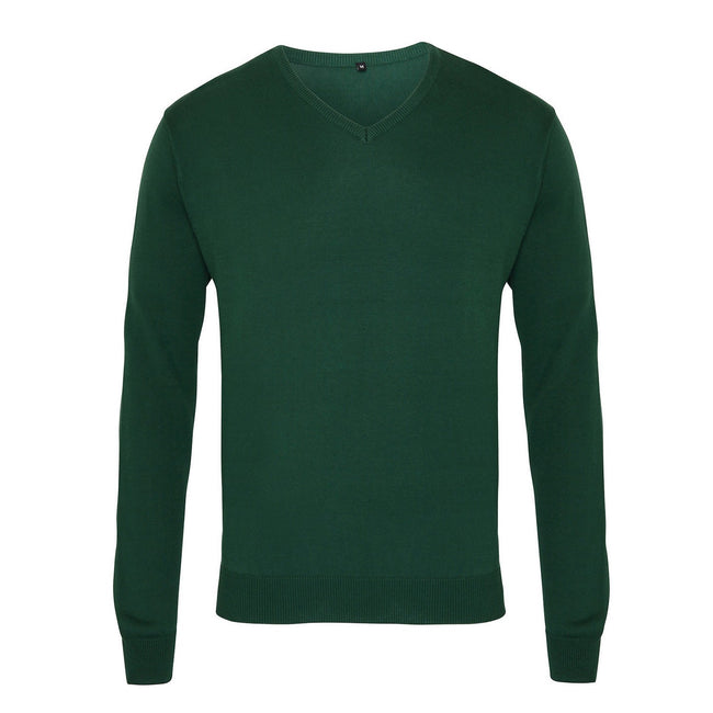 Bottle Green - Front - Premier Mens Knitted Cotton Acrylic V Neck Sweatshirt