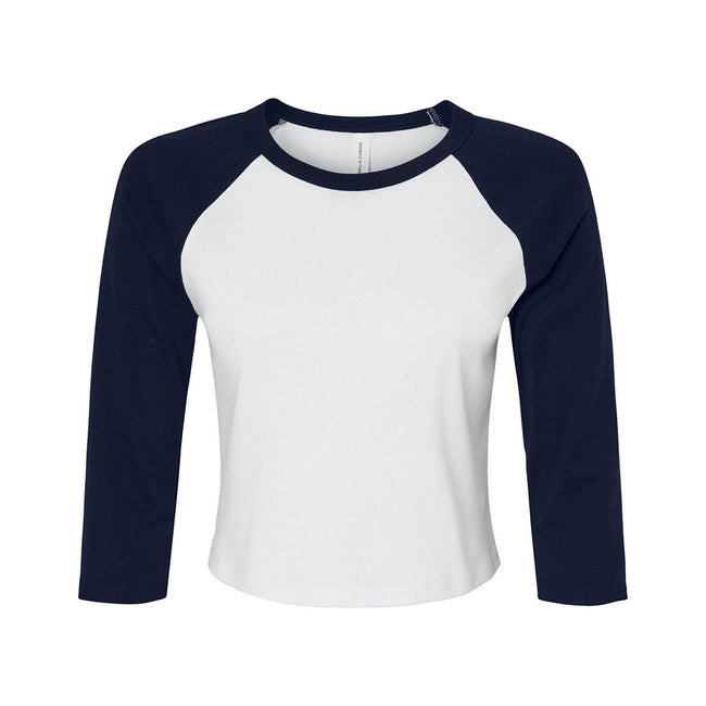 White-Navy - Front - Bella + Canvas Womens-Ladies Micro-Rib Raglan 3-4 Sleeve Crop T-Shirt