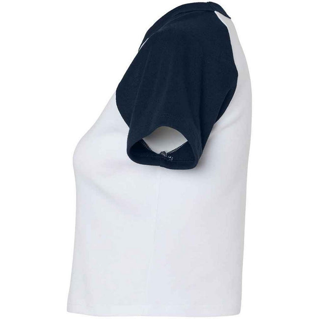 White-Navy - Side - Bella + Canvas Womens-Ladies Micro-Rib Raglan Crop Top