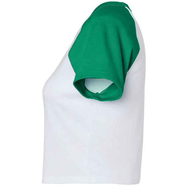 White-Kelly Green - Side - Bella + Canvas Womens-Ladies Micro-Rib Raglan Crop Top