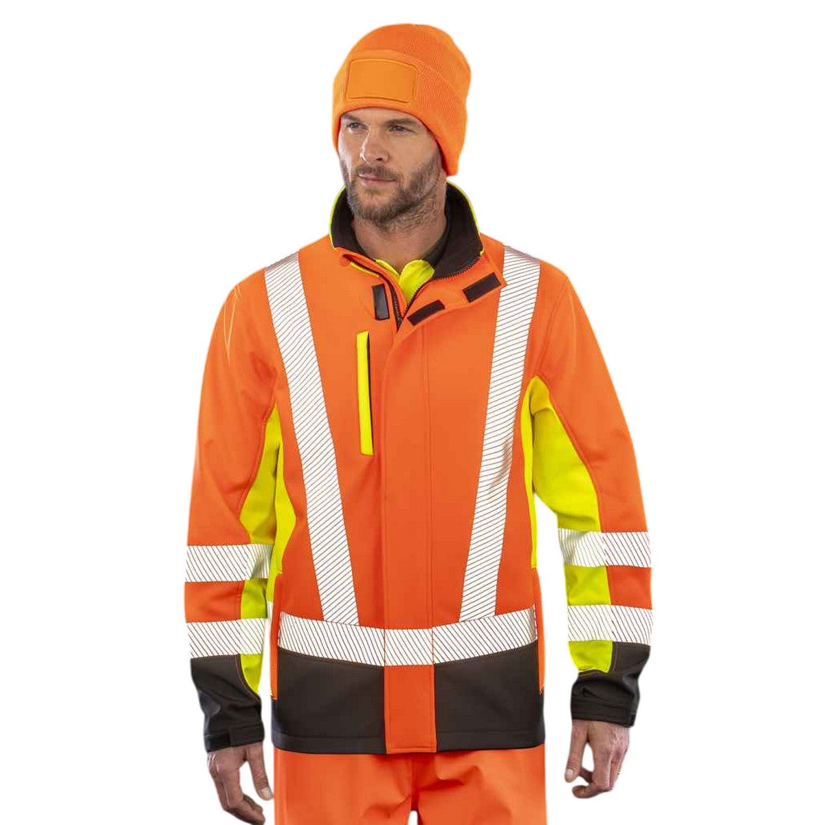 Fluorescent Yellow-Orange-Black - Side - Result Genuine Recycled Mens 3 Tone 3 Layer Printable Safety Soft Shell Jacket