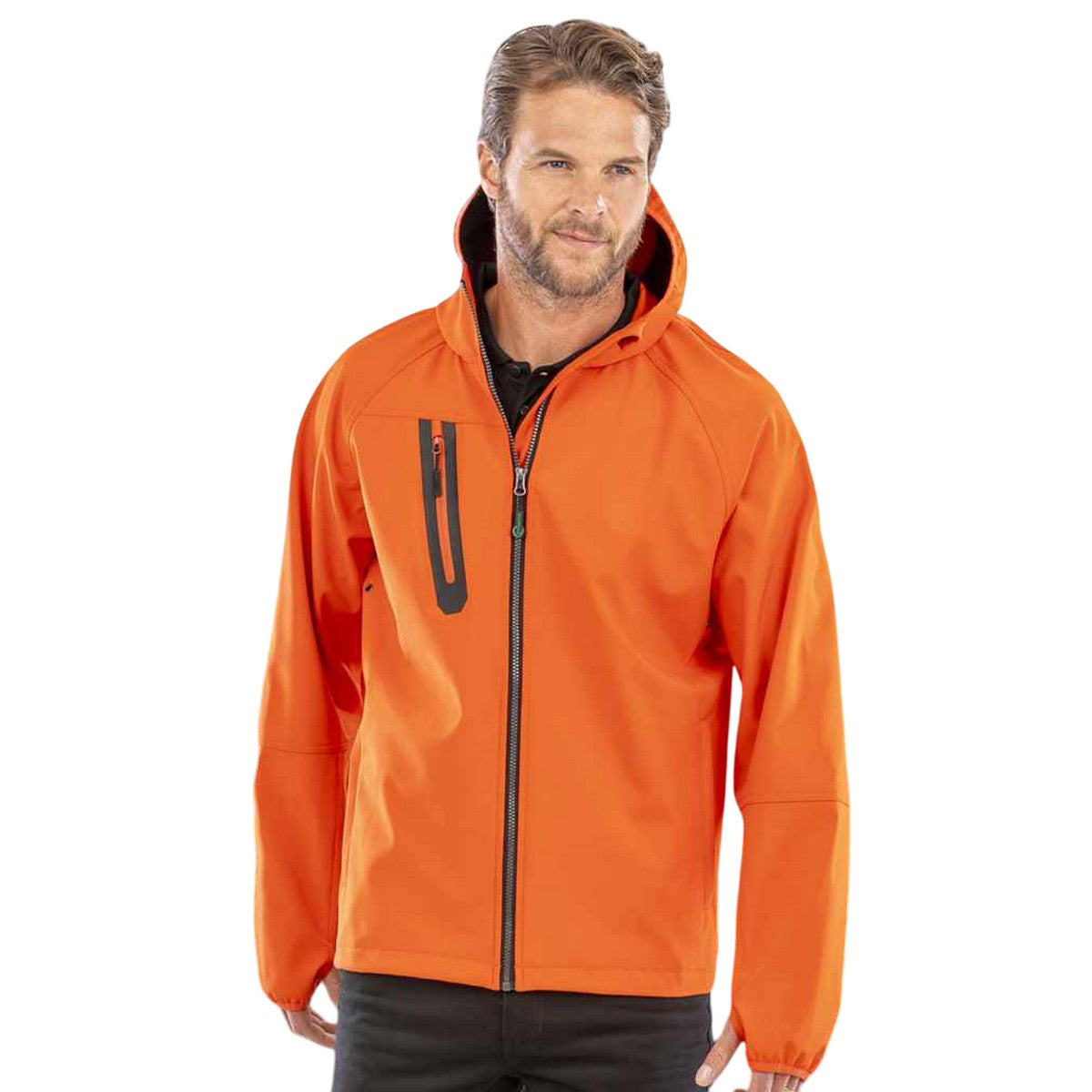 Orange-Navy - Side - Result Genuine Recycled Mens Hooded 3 Layer Printable Soft Shell Jacket