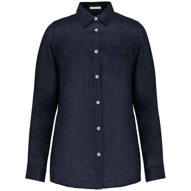 Navy - Front - Spasso Womens-Ladies Linen Long-Sleeved Shirt