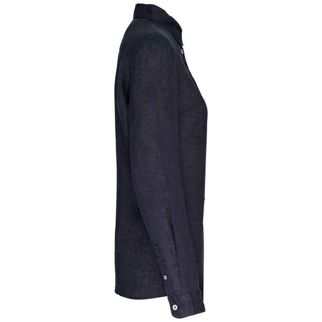 Navy - Side - Spasso Womens-Ladies Linen Long-Sleeved Shirt
