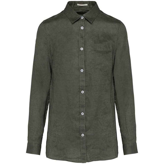 Organic Khaki - Front - Spasso Womens-Ladies Linen Long-Sleeved Shirt
