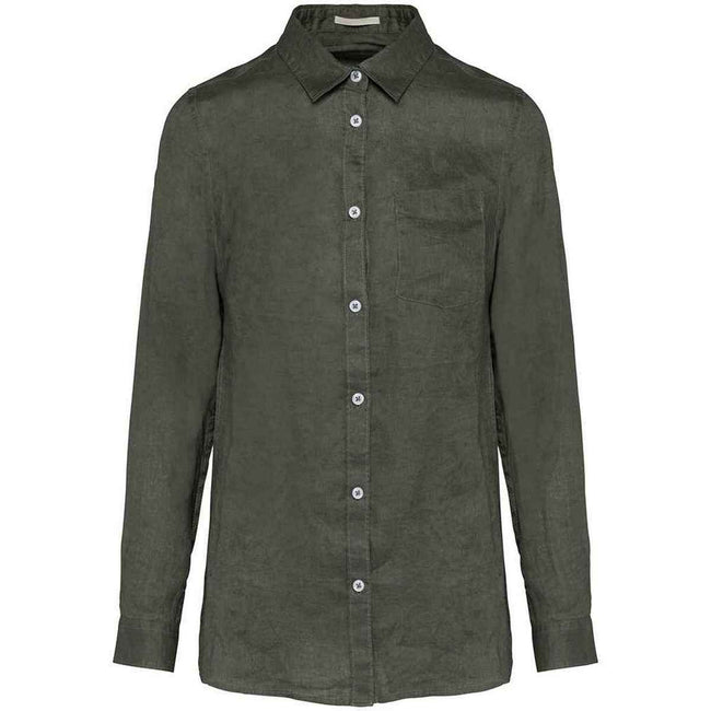 Organic Khaki - Front - Spasso Womens-Ladies Linen Long-Sleeved Shirt