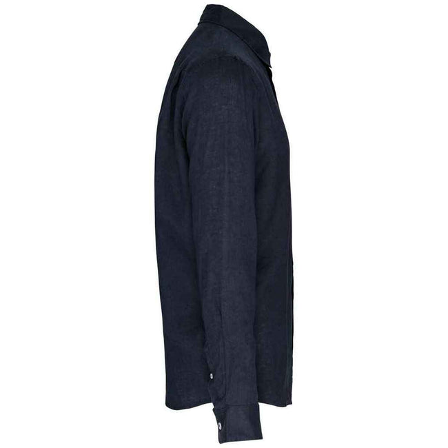 Navy - Side - Spasso Mens Linen Long-Sleeved Shirt