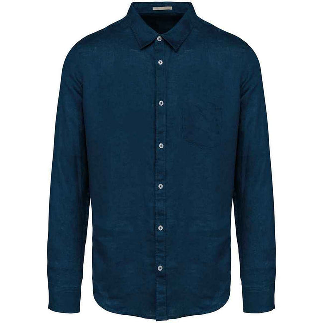 Peacock Blue - Front - Spasso Mens Linen Long-Sleeved Shirt