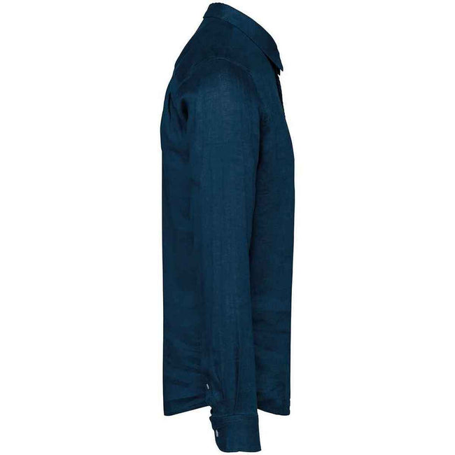 Peacock Blue - Side - Spasso Mens Linen Long-Sleeved Shirt
