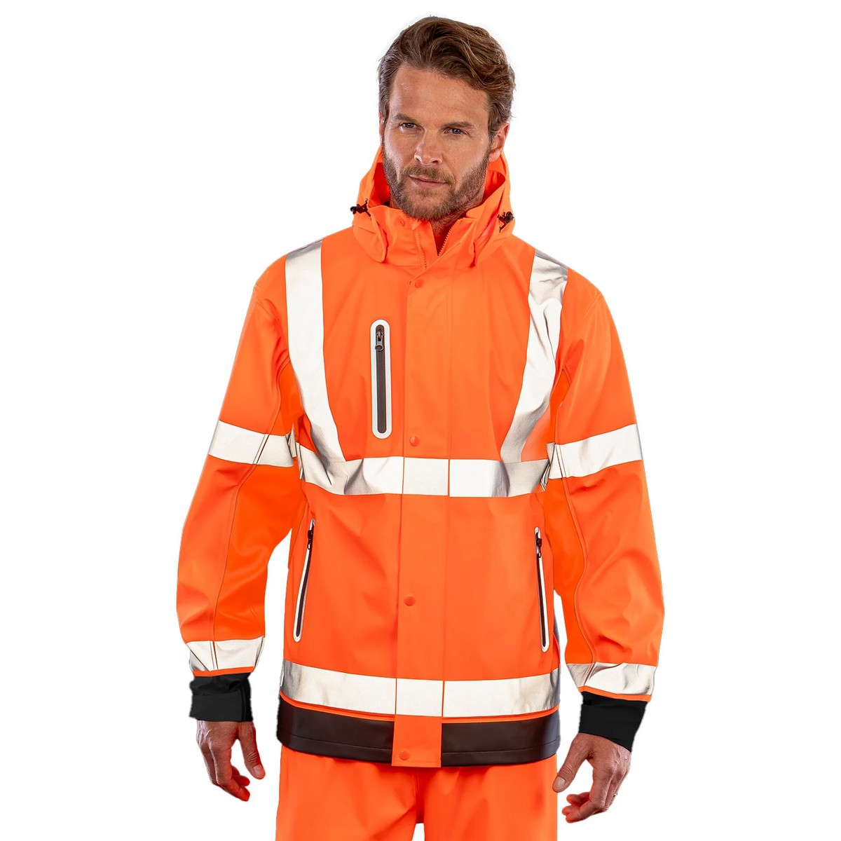 Fluorescent Orange-Black - Side - Result Genuine Recycled Mens Prism Hi-Vis Heavy Duty Hooded Jacket