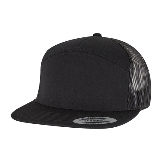 Black - Front - Flexfit Yupoong 7 Panel Trucker Cap