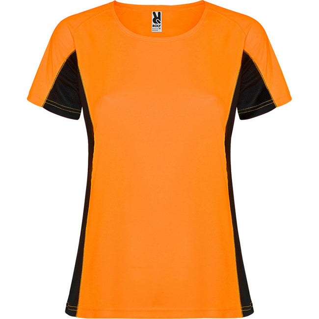 Fluro Orange-Solid Black - Front - Roly Womens-Ladies Shanghai Short-Sleeved Sports T-Shirt