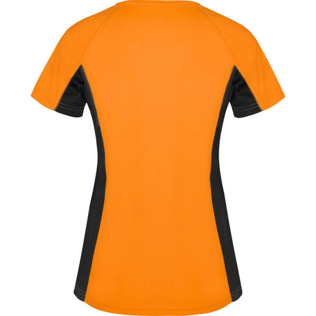 Fluro Orange-Solid Black - Back - Roly Womens-Ladies Shanghai Short-Sleeved Sports T-Shirt